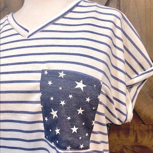 NWOT Navy & White Stars and Stripes Color Block Pocket Tee - Picture 6 of 15